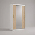 Armadio guardaroba rettangolare a 3 ante scorrevoli con specchio in truciolare melaminico, bianco e rovere chiaro, 120 x 50 x 200 cm