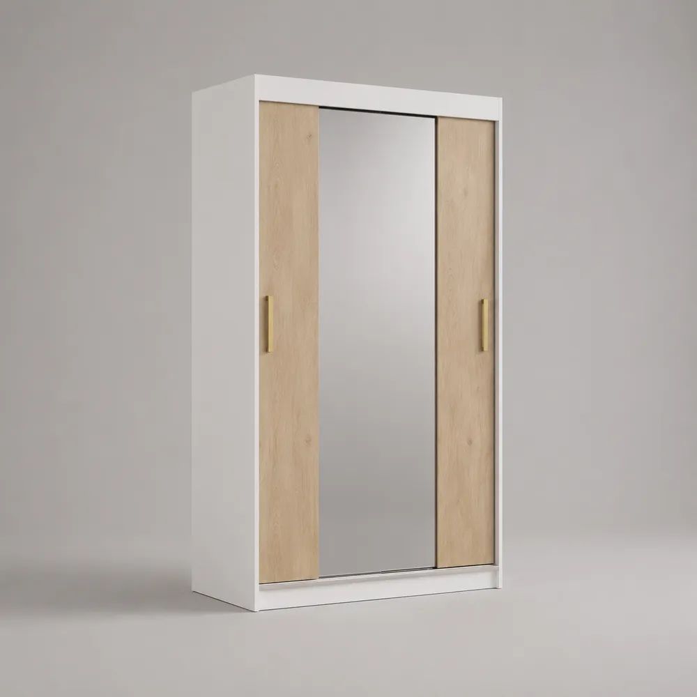 Armadio guardaroba rettangolare a 3 ante scorrevoli con specchio in truciolare melaminico, bianco e rovere chiaro, 120 x 50 x 200 cm