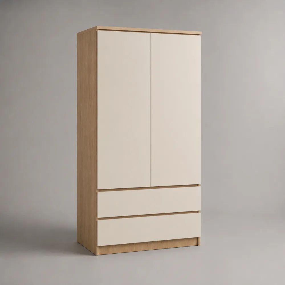 Armadio guardaroba rettangolare in legno con 2 ante e 2 cassetti, rovere naturale e bianco crema, 80 × 50 × 180 cm