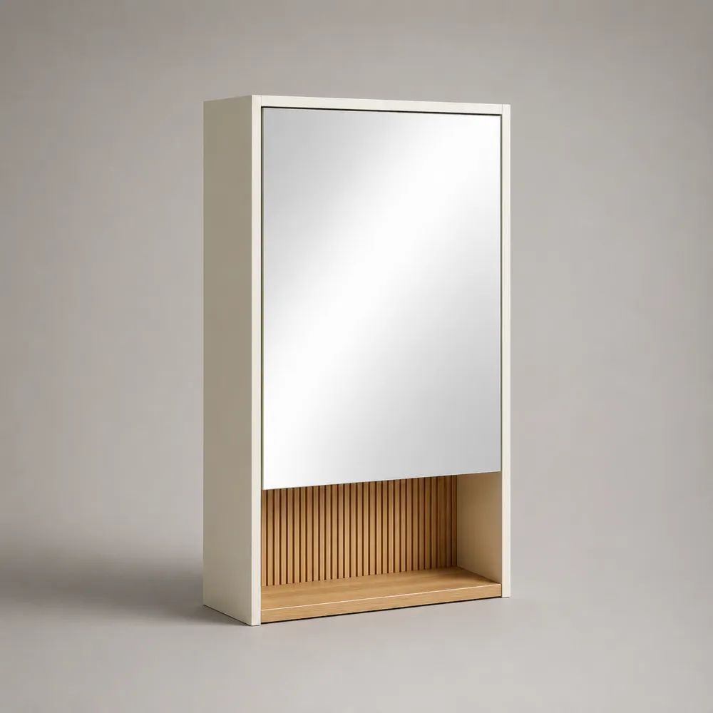 Specchiera contenitore da bagno rettangolare con anta a specchio e vano aperto in MDF bianco e rovere naturale, 60 × 18 × 100 cm