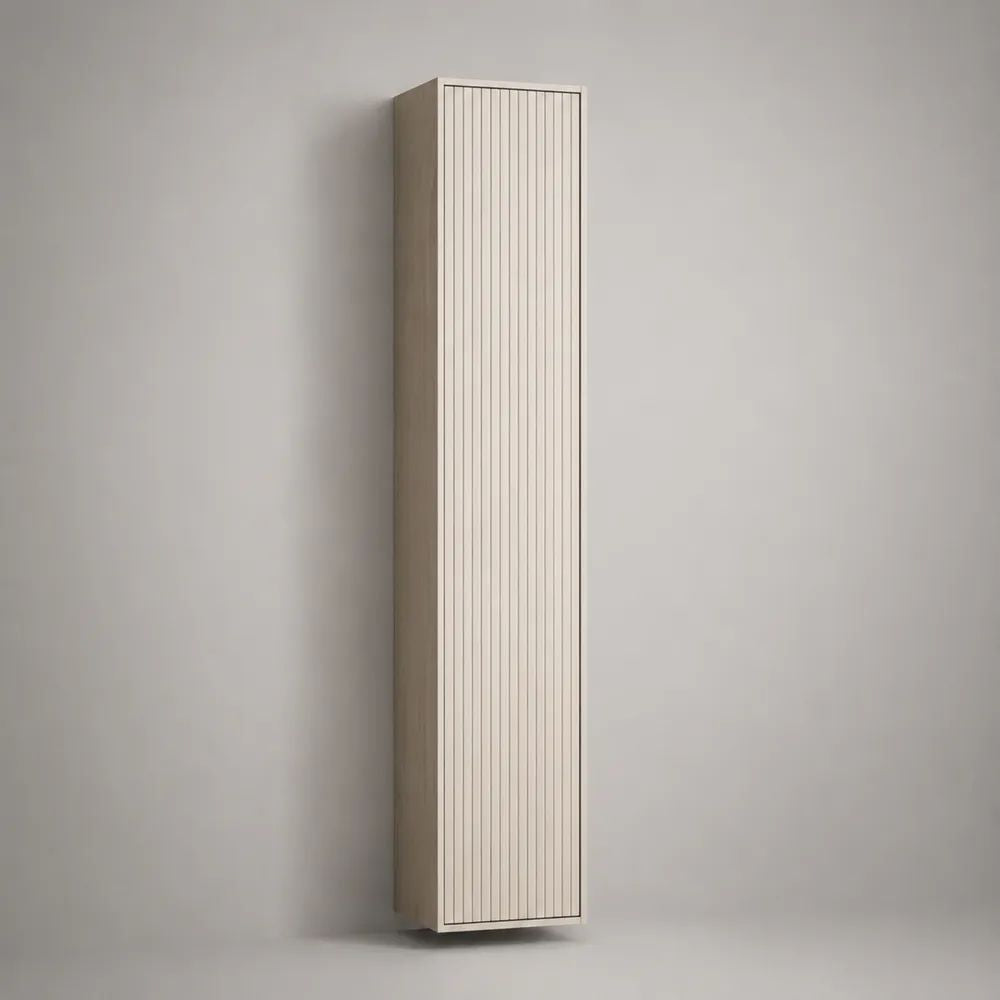 Pensile bagno alto sospeso in MDF e truciolare con anta scanalata, beige, 30 × 25 × 150 cm