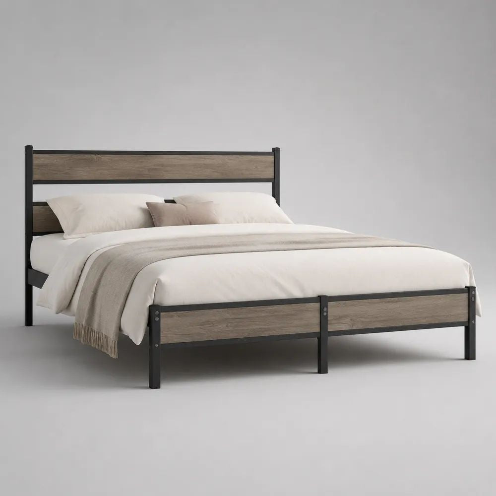 Letto matrimoniale 160 x 200 cm con struttura in acciaio e MDF, nero e rovere marrone, 166 x 208 x 110 cm