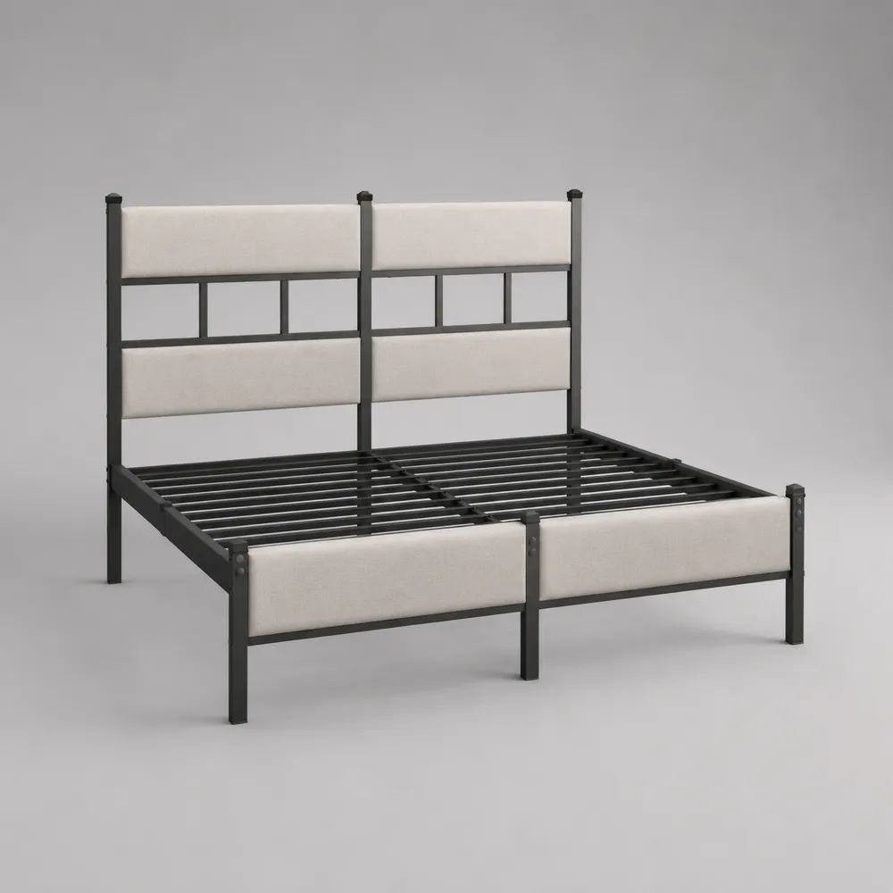 Letto matrimoniale 160 x 200 cm in acciaio con testiera e pediera imbottite, nero e beige