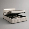 Letto matrimoniale contenitore 160 x 200 cm beige e nero, 218 x 172 x 110 cm, imbottito in poliestere con testiera LED e rete sollevabile