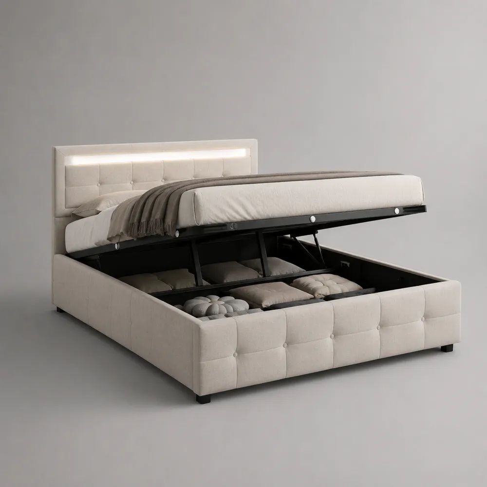 Letto matrimoniale contenitore 160 x 200 cm beige e nero, 218 x 172 x 110 cm, imbottito in poliestere con testiera LED e rete sollevabile