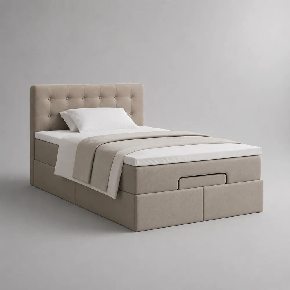 Letto singolo contenitore imbottito beige 90 x 200 cm con testiera capitonné e cassetti