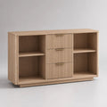 Credenza rettangolare in legno color rovere naturale con 3 cassetti e 4 vani aperti, 140 x 40 x 85 cm