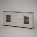 Credenza in pannello melaminico e vetro temperato con 4 cassetti e 2 ante, bianco e grigio antracite, 180 x 40 x 85 cm