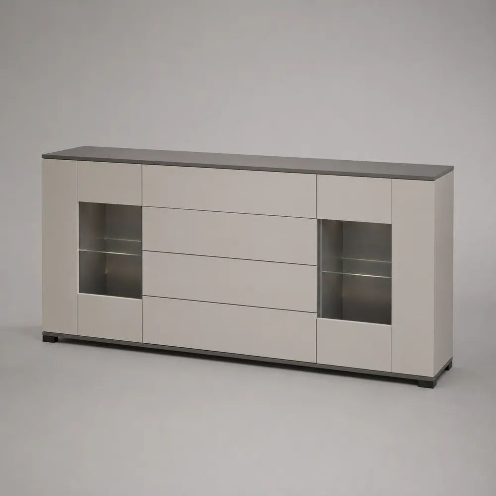 Credenza in pannello melaminico e vetro temperato con 4 cassetti e 2 ante, bianco e grigio antracite, 180 x 40 x 85 cm