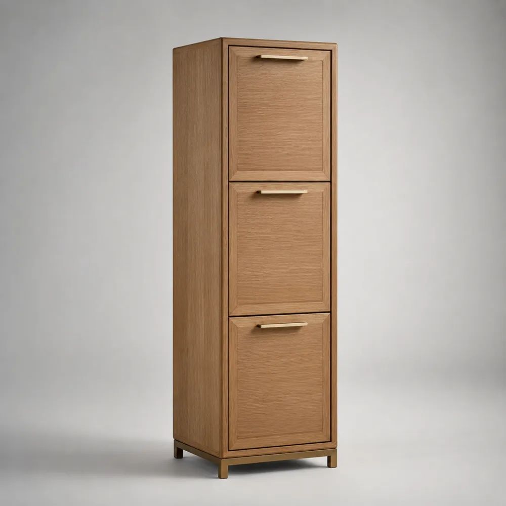 Mobile colonna bagno alto in legno con 3 ante, finitura rovere naturale e maniglie oro, 40 x 35 x 150 cm
