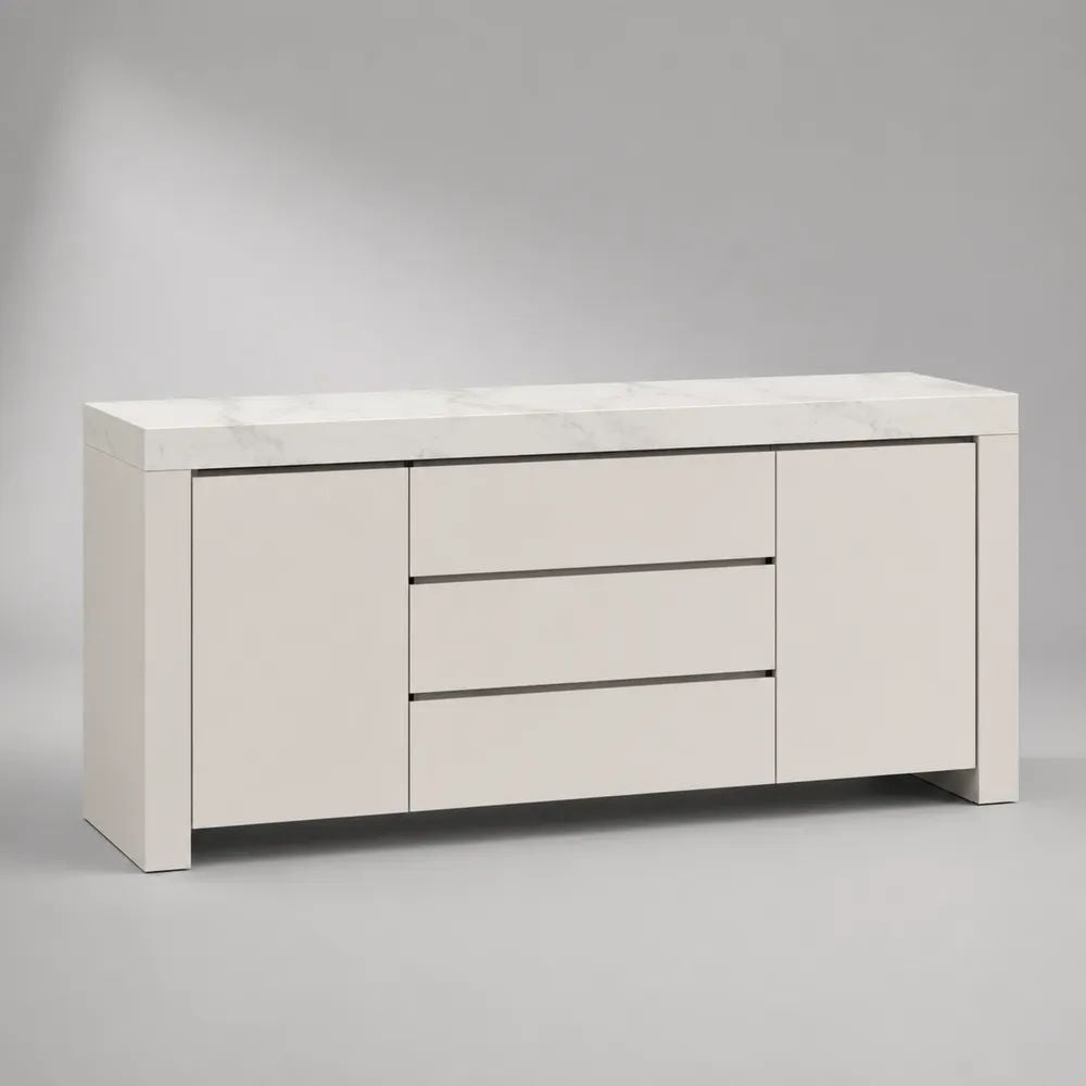 Credenza rettangolare bianca in MDF con piano effetto marmo, 2 ante e 3 cassetti, 160 x 40 x 80 cm