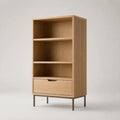 Mobile contenitore alto rettangolare con 3 vani aperti e 1 cassetto in MDF e acciaio, rovere naturale e nero opaco, 70 × 40 × 150 cm