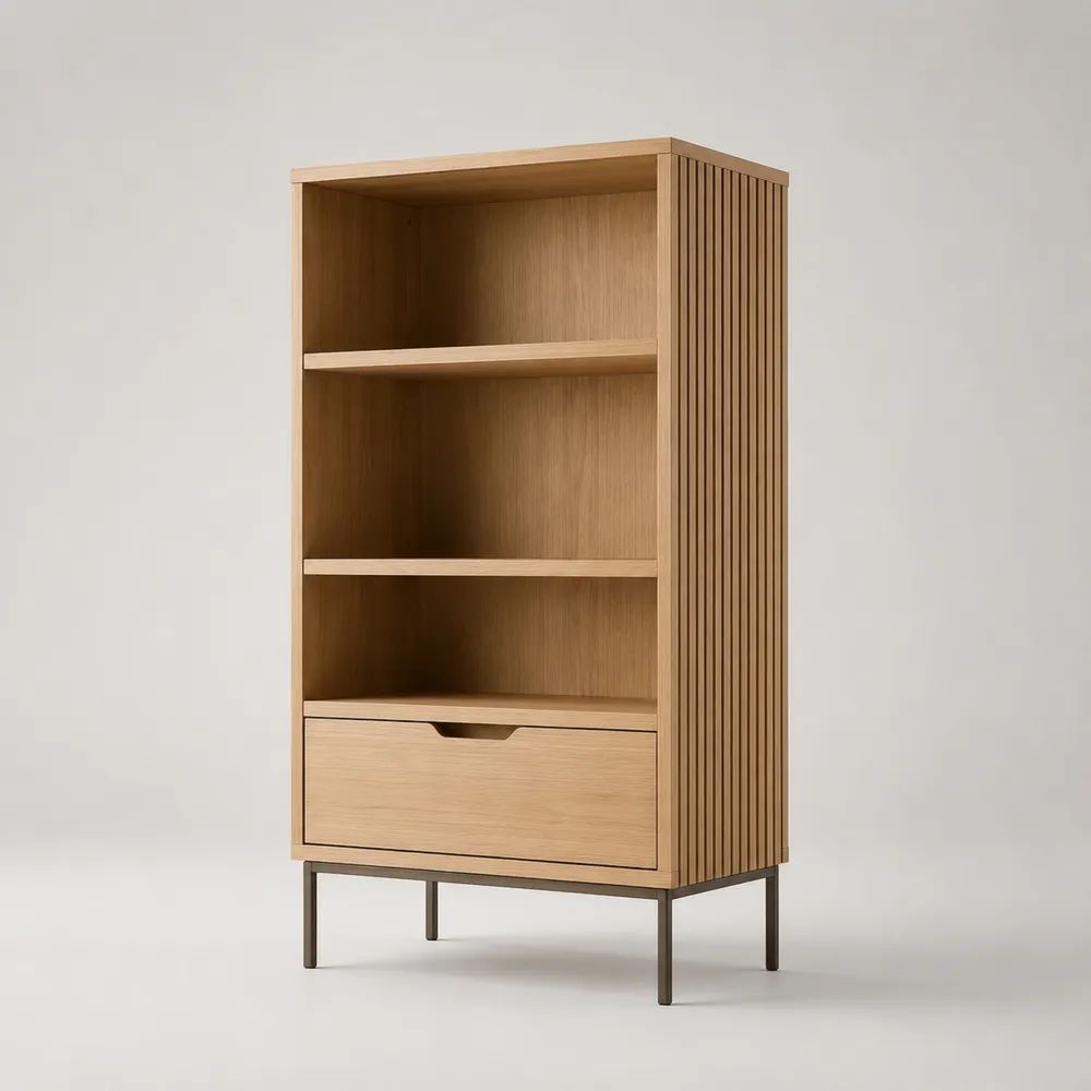 Mobile contenitore alto rettangolare con 3 vani aperti e 1 cassetto in MDF e acciaio, rovere naturale e nero opaco, 70 × 40 × 150 cm