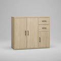 Credenza contenitore rettangolare in legno rovere chiaro e nero con 3 ante e 2 cassetti, 120 x 40 x 100 cm