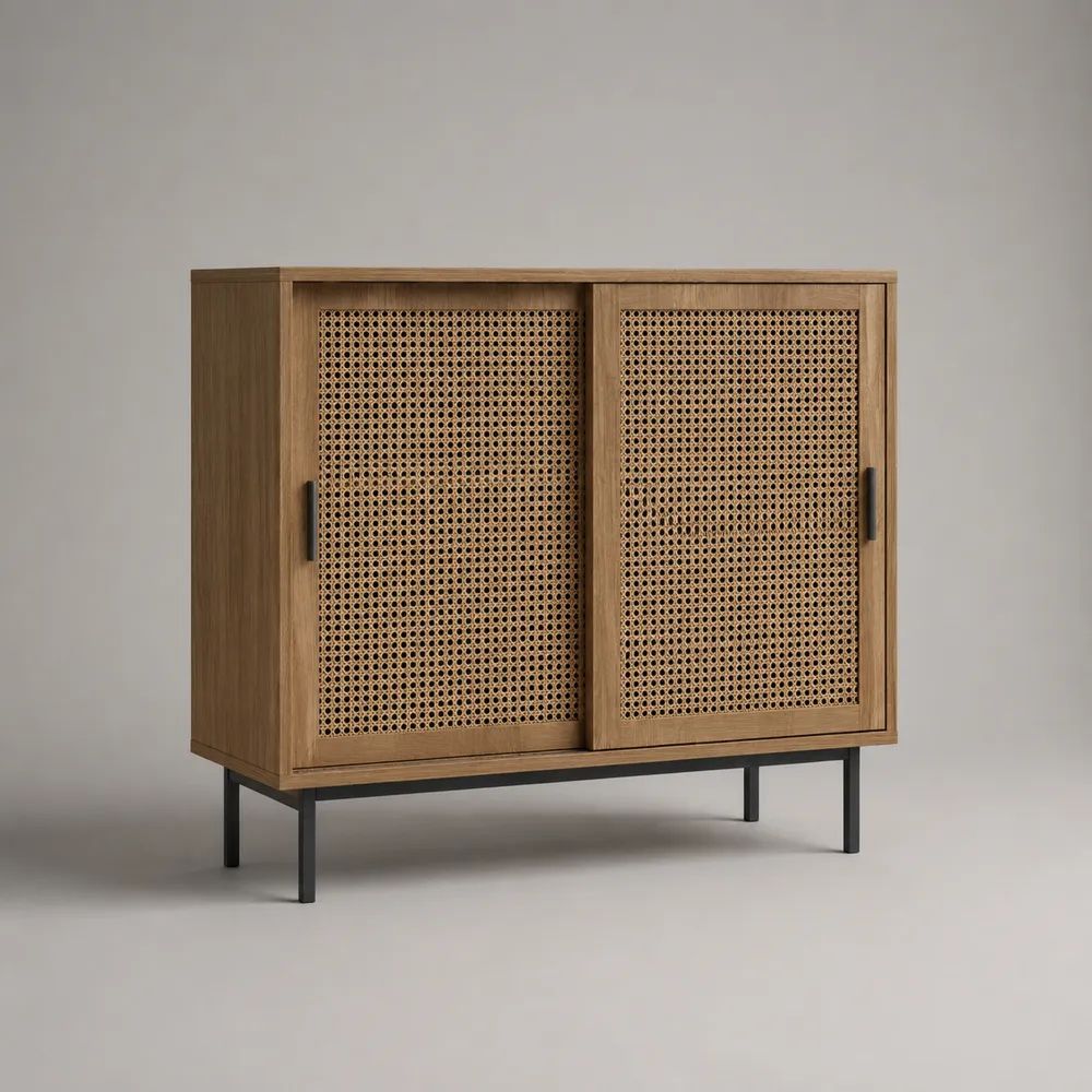 Credenza rettangolare con 2 ante in rattan e MDF impiallacciato rovere, gambe in acciaio nero, 100 x 40 x 90 cm