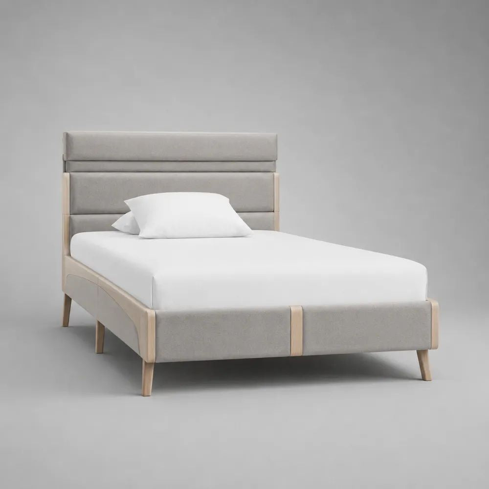 Letto singolo imbottito in tessuto grigio chiaro e legno naturale, 105 x 215 x 120 cm, per materasso 90 x 200 cm