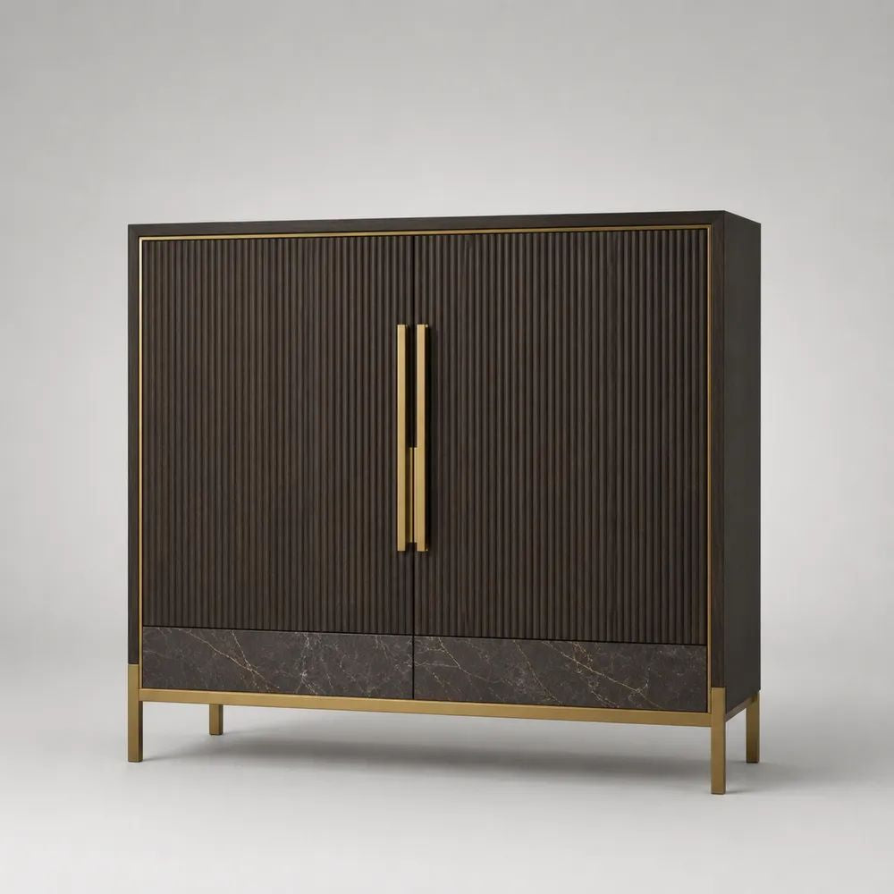 Credenza alta rettangolare a 2 ante e 2 cassetti in MDF e acciaio, marrone scuro, nero e ottone, 120 × 40 × 130 cm