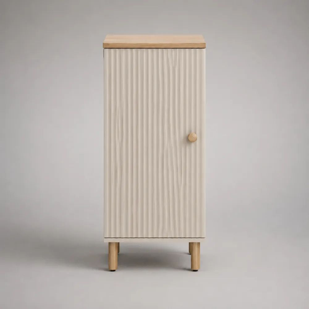 Armadio stretto rettangolare a 1 anta in MDF scanalato bianco crema e legno naturale, 45 x 40 x 110 cm