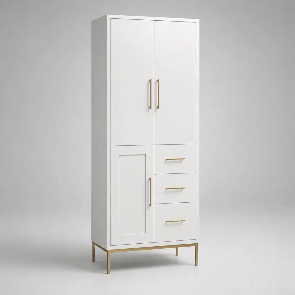 Credenza alta rettangolare in MDF e acciaio con 3 ante e 3 cassetti, bianco e oro, 80 x 40 x 180 cm
