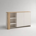 Credenza rettangolare in legno bianco e rovere naturale, 120 x 40 x 80 cm, con 2 ante e 3 vani a giorno