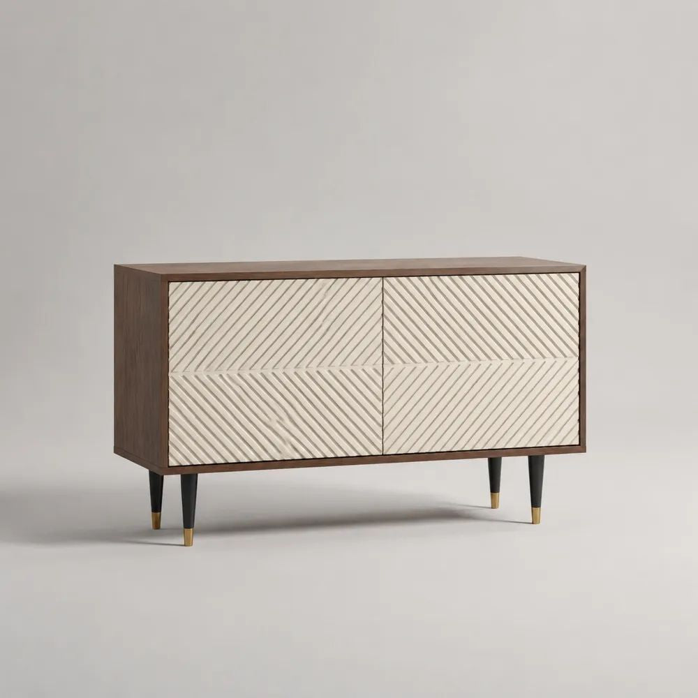 Credenza rettangolare a 2 ante in legno con frontali scanalati, marrone noce e avorio, 120 x 40 x 75 cm