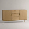 Credenza rettangolare in MDF impiallacciato rovere con 2 ante scanalate e 3 cassetti, 160 × 40 × 80 cm, rovere naturale e ottone