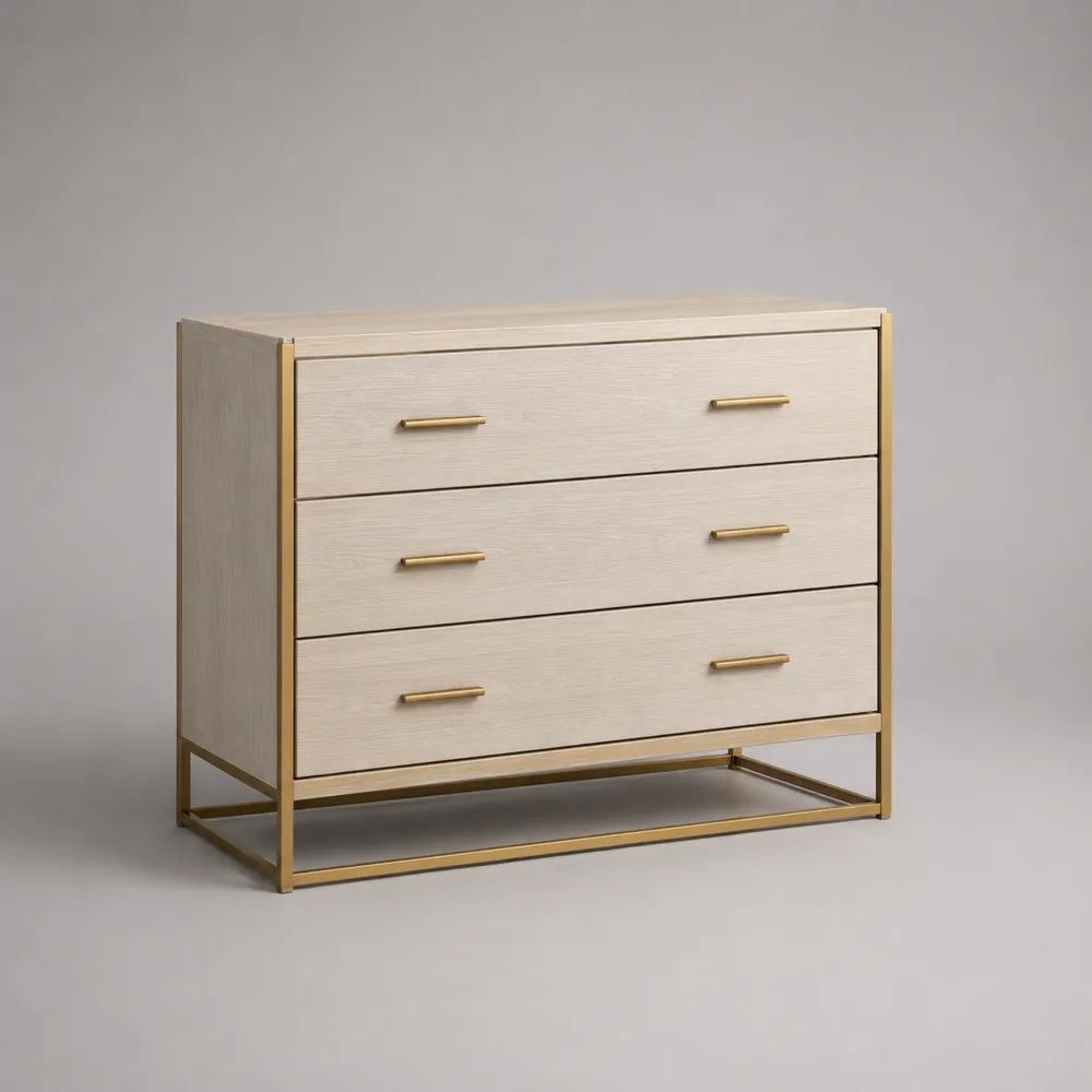 Cassettiera rettangolare a 3 cassetti in legno e metallo, beige chiaro e oro, 100 x 40 x 90 cm