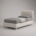 Letto singolo imbottito beige 90 x 200 cm in tessuto con testiera a pannelli verticali, 215 x 105 x 110 cm