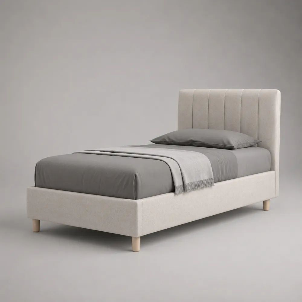 Letto singolo imbottito beige 90 x 200 cm in tessuto con testiera a pannelli verticali, 215 x 105 x 110 cm