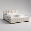 Letto matrimoniale imbottito 160 x 200 cm in tessuto beige crema con testiera a pannelli verticali e rete a doghe