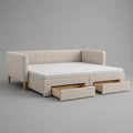 Divano letto matrimoniale 160 x 200 cm in poliestere beige con materasso e 2 cassetti, 218 x 168 x 86 cm