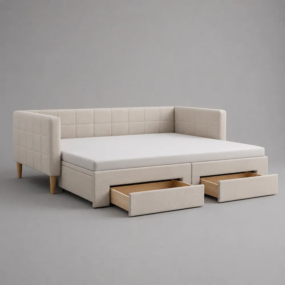 Divano letto matrimoniale 160 x 200 cm in poliestere beige con materasso e 2 cassetti, 218 x 168 x 86 cm