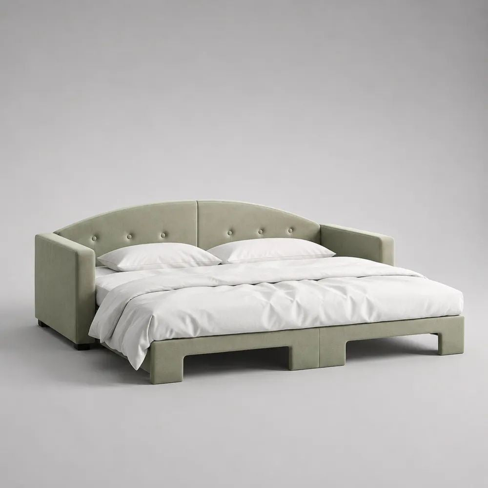 Divano letto matrimoniale estraibile rettangolare in velluto verde salvia, superficie letto 160 x 200 cm, dimensioni aperto 220 x 165 x 85 cm