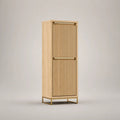 Credenza alta rettangolare a 2 ante in legno con frontali scanalati e base in acciaio, Rovere naturale/Ottone, 60 × 40 × 160 cm