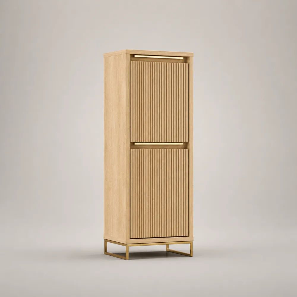 Credenza alta rettangolare a 2 ante in legno con frontali scanalati e base in acciaio, Rovere naturale/Ottone, 60 × 40 × 160 cm
