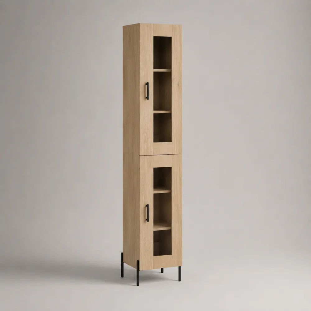 Mobile vetrina alto e stretto a 2 ante in legno, vetro e metallo, rovere naturale e nero, 40 × 35 × 180 cm