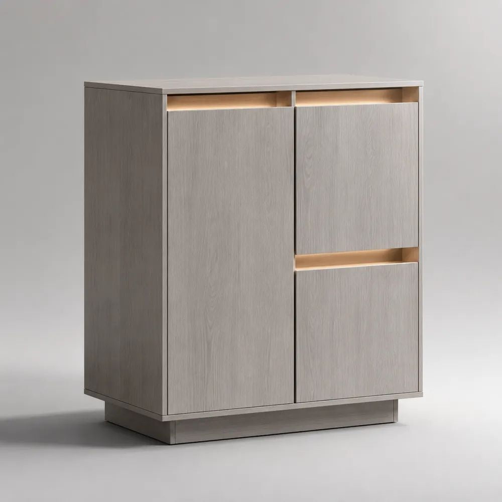 Credenza a 3 ante in pannelli truciolari melaminici grigio chiaro con illuminazione LED, 100 × 40 × 120 cm