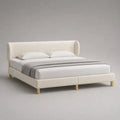 Letto matrimoniale imbottito 160 x 200 cm con rete a doghe, rivestimento in tessuto bouclé avorio e piedini oro, 220 x 188 x 112 cm