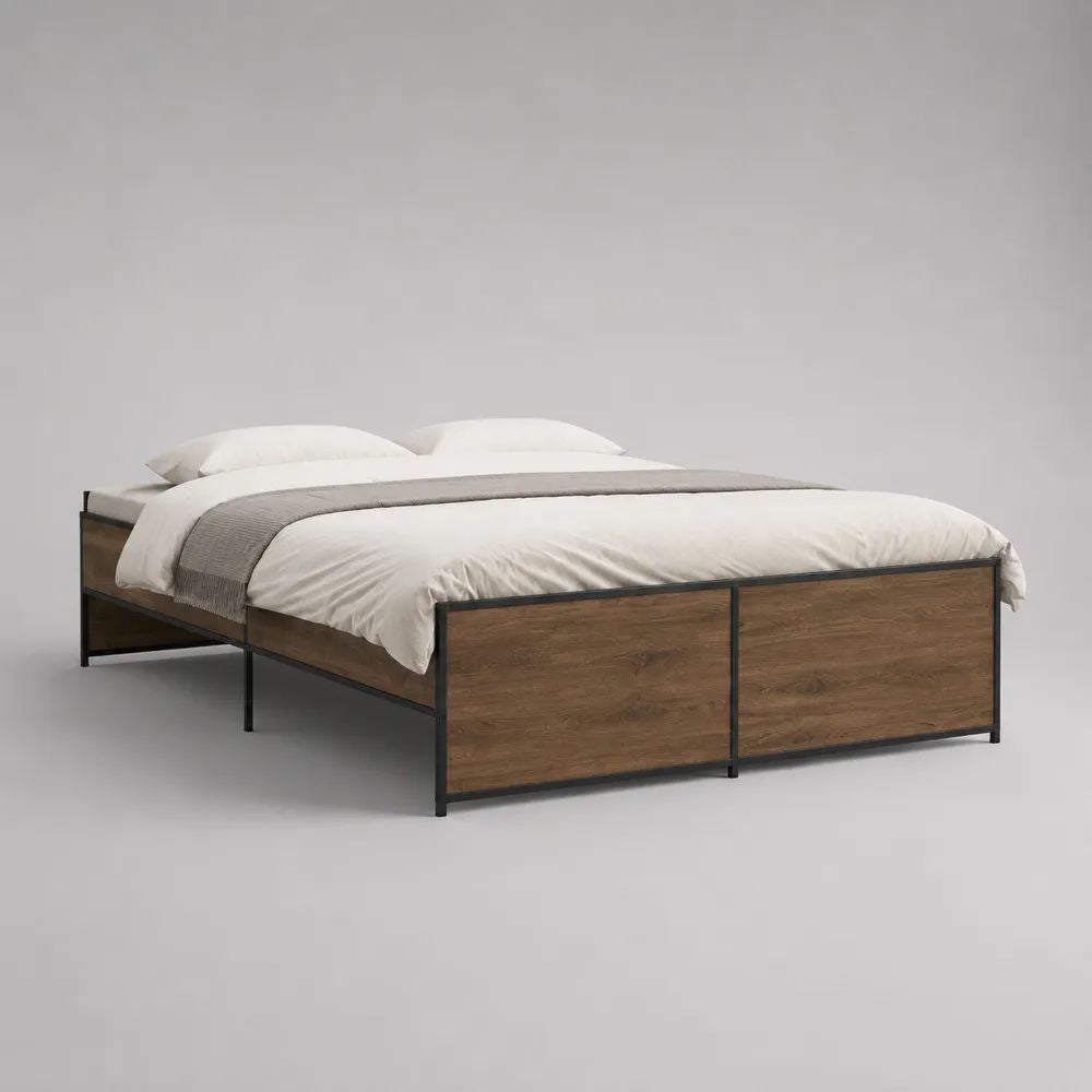 Struttura letto matrimoniale 160 x 200 cm in acciaio e MDF effetto rovere marrone e nero, 166 x 206 x 45 cm