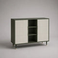 Credenza rettangolare in MDF e truciolare con 6 cassetti e 3 vani, verde oliva e bianco, 120 x 40 x 95 cm