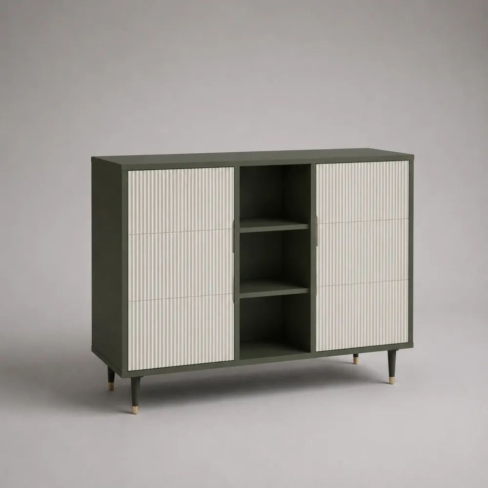 Credenza rettangolare in MDF e truciolare con 6 cassetti e 3 vani, verde oliva e bianco, 120 x 40 x 95 cm
