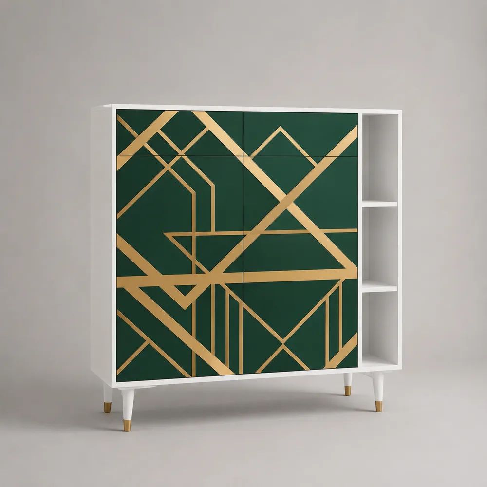 Credenza a 4 ante in MDF con 3 vani aperti, verde scuro, bianco e oro, 120 × 40 × 110 cm