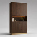 Credenza alta rettangolare a 4 ante in MDF impiallacciato noce con vano aperto e luce LED, marrone noce e ottone, 100 x 40 x 200 cm