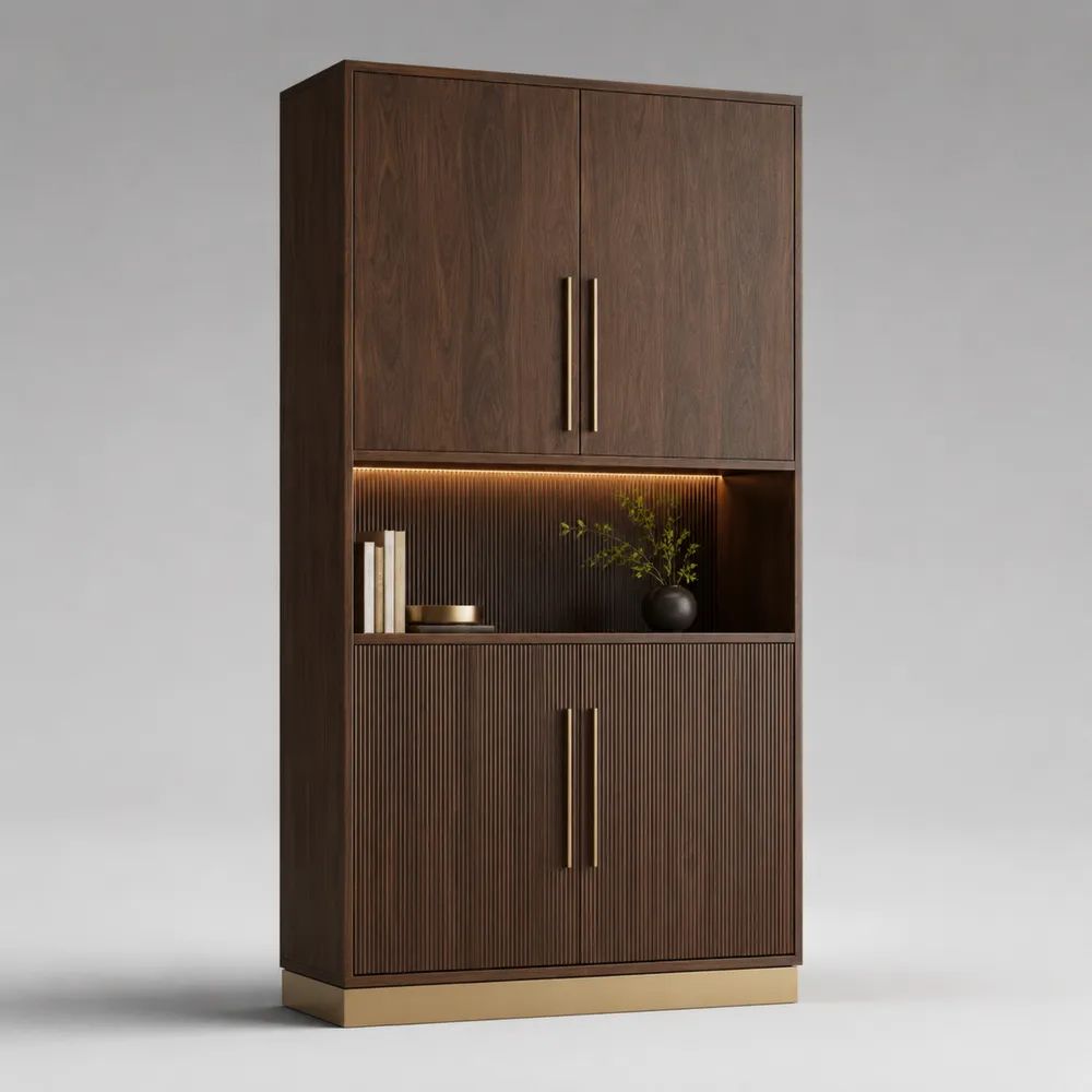 Credenza alta rettangolare a 4 ante in MDF impiallacciato noce con vano aperto e luce LED, marrone noce e ottone, 100 x 40 x 200 cm