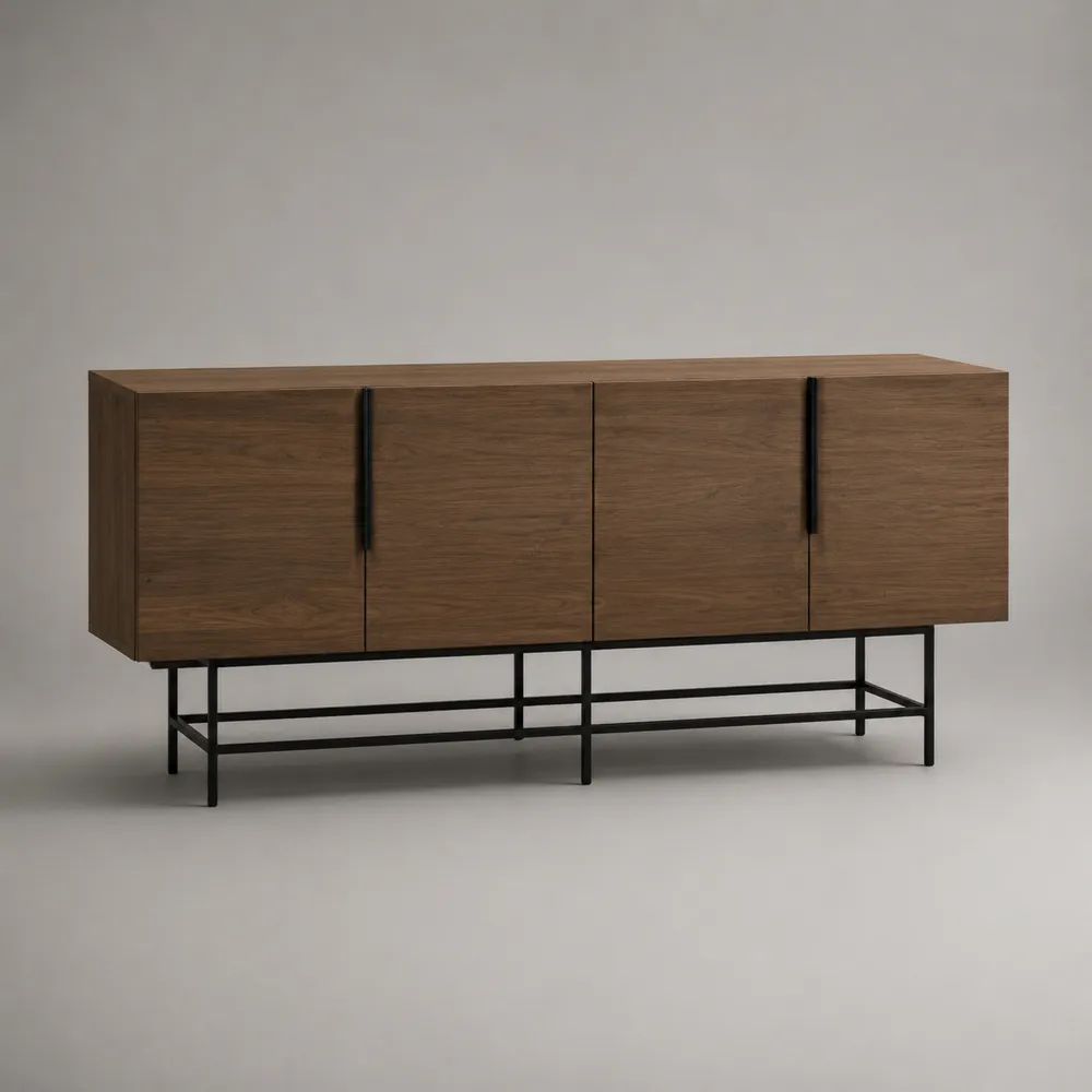 Credenza a 4 ante in MDF impiallacciato effetto noce con telaio in acciaio nero, 180 × 40 × 80 cm, marrone noce e nero